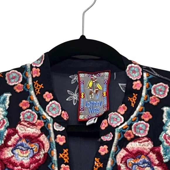 Johnny Was Embroidered Floral Tunic Shirt Navy Blue Long Sleeve V Neck‎ XS - Picture 5 of 12